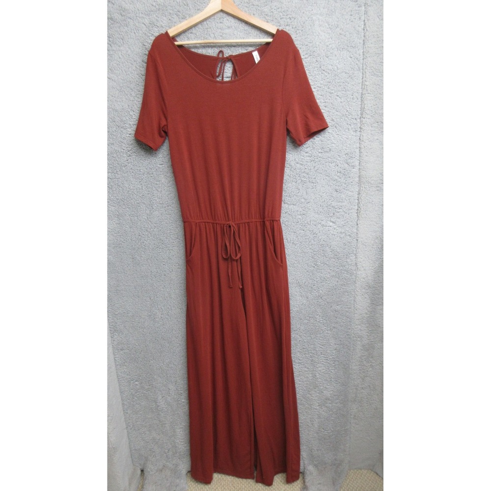 Wide Leg Jumpsuit Women L Rust Brown Drawstring Waist Boho Earthy Neutral Casual